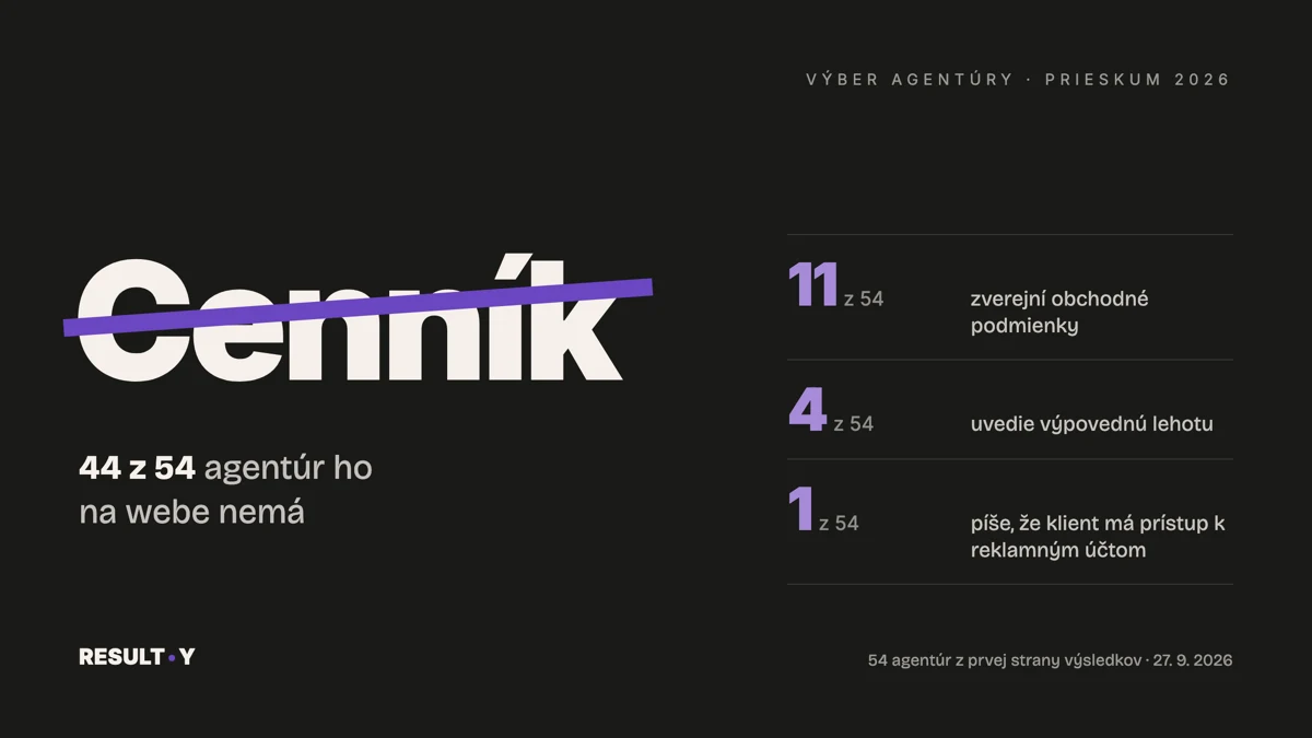 Preškrtnuté slovo Cenník a nápis 44 z 54 agentúr ho na webe nemá, vedľa čísla 11, 4 a 1 z 54, RESULT.Y