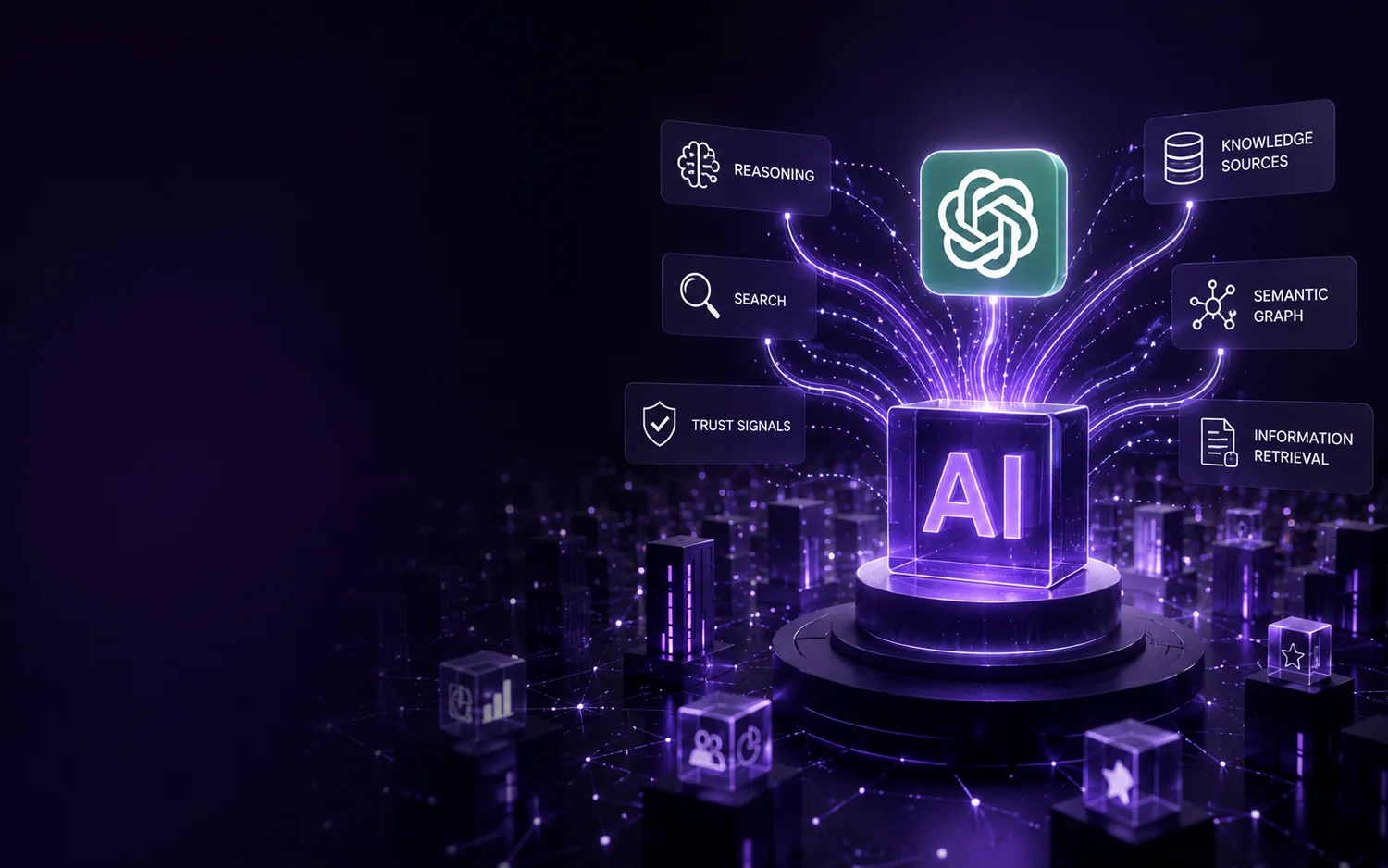 Svietiaca AI kocka s logom ChatGPT prepojená na signály reasoning, knowledge sources a trust, editoriálna vizualizácia AI viditeľnosti, RESULT.Y