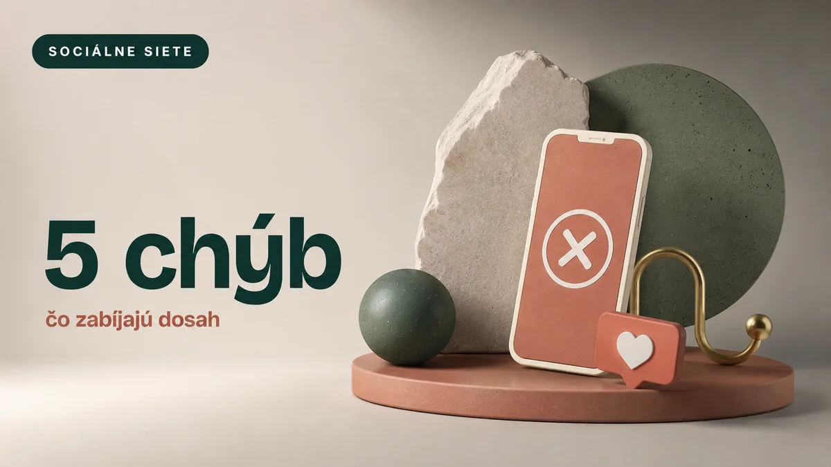 Telefón s ikonou chyby a srdcom medzi kamennými tvarmi, 5 chýb čo zabíjajú dosah na sociálnych sieťach, editoriálna vizualizácia RESULT.Y