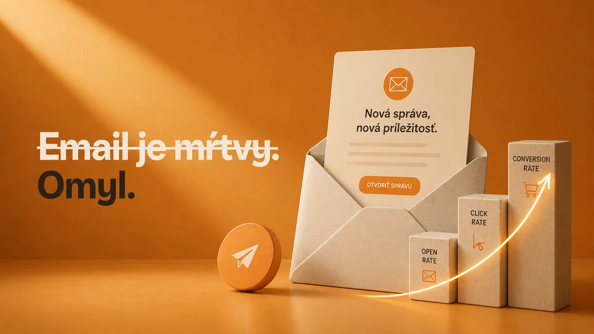 Otvorená obálka so správou a stĺpcový graf open, click a conversion rate, email nie je mŕtvy, editoriálna vizualizácia email marketingu, RESULT.Y
