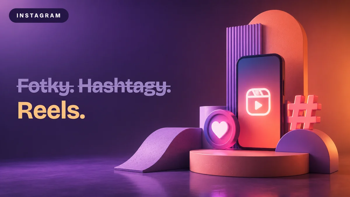 Telefón s ikonou Reels, srdce a hashtag v Instagram farbách, Fotky a hashtagy sú preč, prichádzajú Reels, editoriálna vizualizácia RESULT.Y