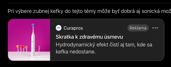 Reklama na sonickú zubnú kefku Curaprox pod odpoveďou ChatGPT na otázku, akého zubára v Bratislave odporúča
