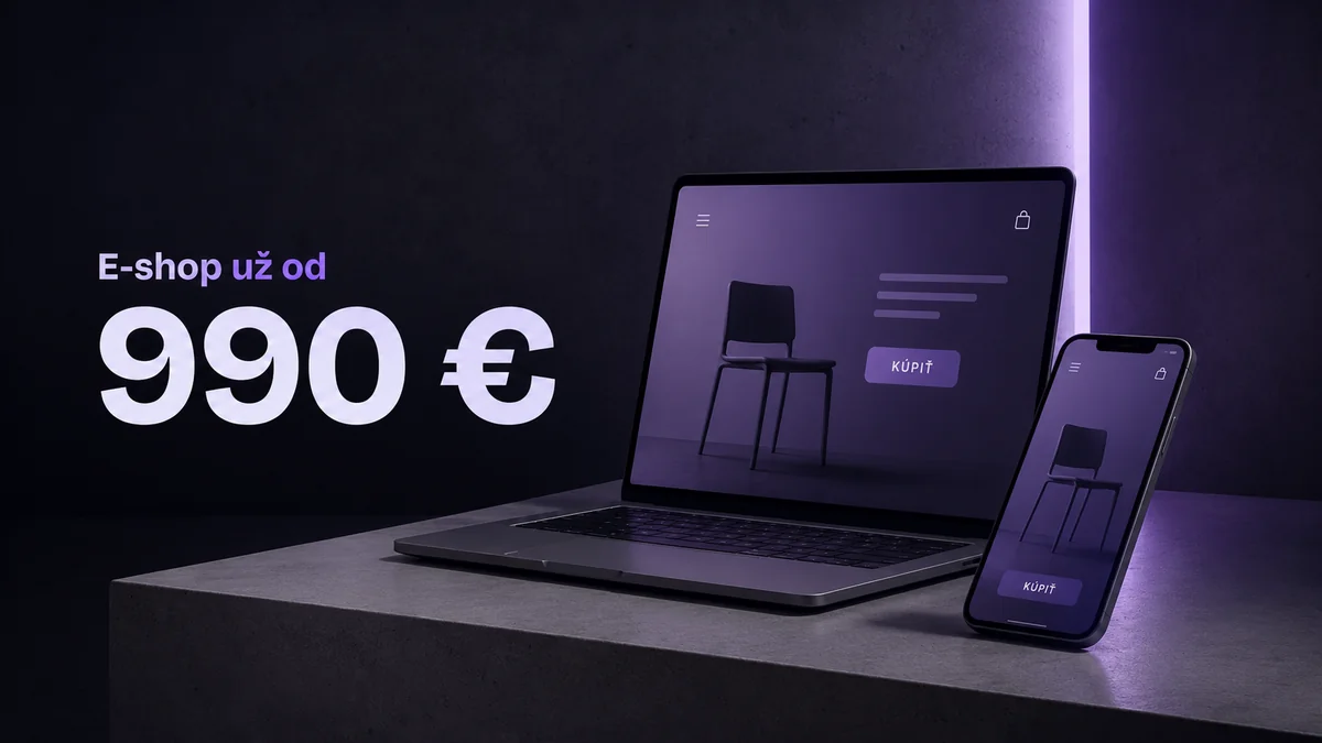 Notebook a telefón s ukážkou e-shopu a cenou 990 €, editoriálna vizualizácia ceny e-shopu, RESULT.Y