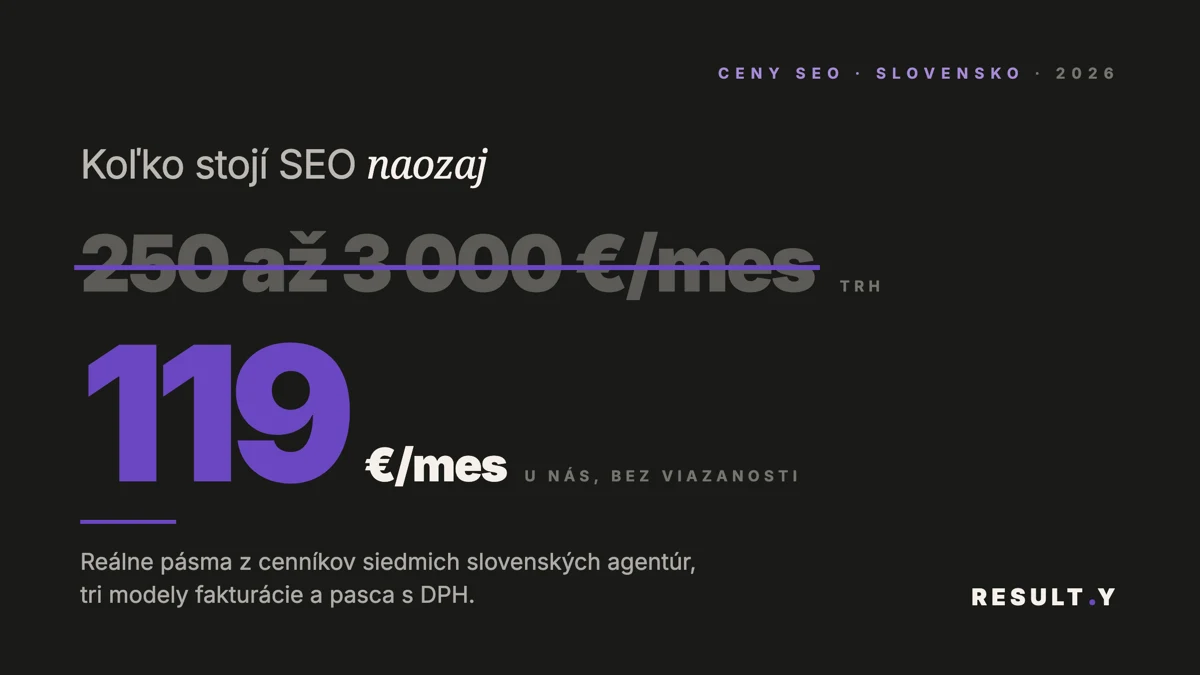 Typografická vizualizácia cien SEO na Slovensku, mesačné pásmo 250 až 3000 eur a cena RESULTY 119 eur mesačne, RESULT.Y