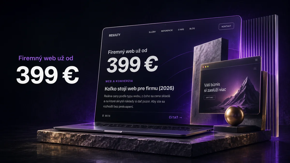Notebook s ukážkou webu Resulty a cenou 399 €, editoriálna vizualizácia ceny firemného webu, RESULT.Y