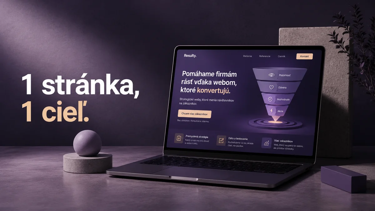 Notebook s ukážkou landing page Resulty a konverzným lievikom, jedna stránka jeden cieľ, editoriálna vizualizácia RESULT.Y