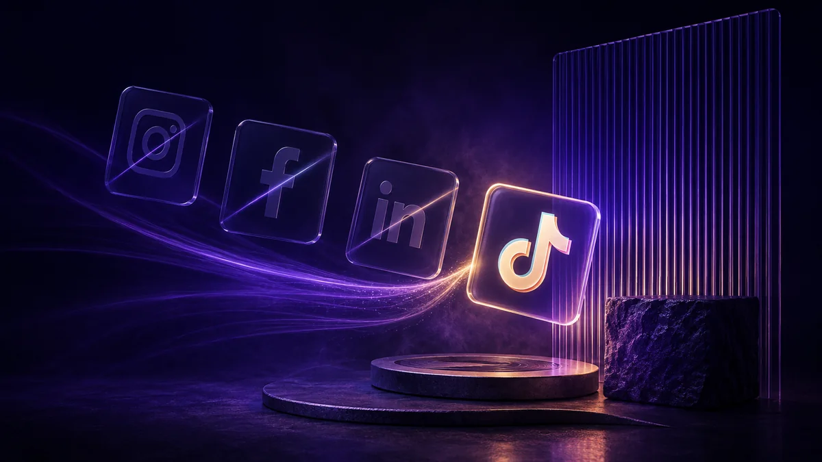 Sklenené ikony Instagramu, Facebooku a LinkedInu sú matné, TikTok svieti, editoriálna vizualizácia RESULT.Y
