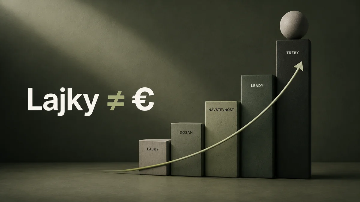 Kamenný stĺpcový graf od lajkov po tržby s rastúcou šípkou, lajky sa nerovnajú eurám, editoriálna vizualizácia ROI marketingu, RESULT.Y