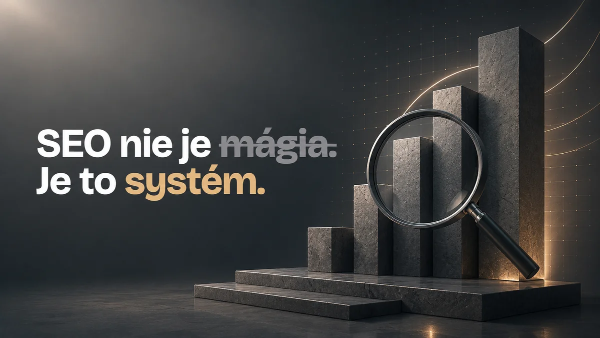 Kamenné stĺpce grafu s lupou, SEO nie je mágia ale systém, editoriálna vizualizácia RESULT.Y
