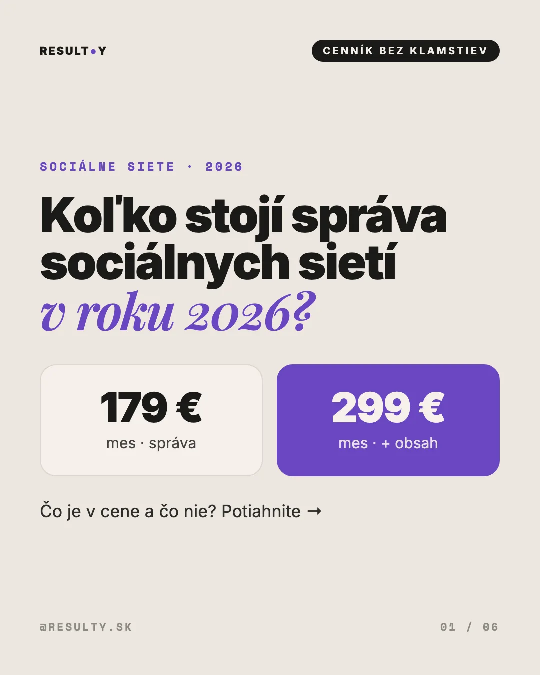 Koľko stojí správa sociálnych sietí v roku 2026: porovnanie ceny za správu a za tvorbu obsahu, infografika RESULTY