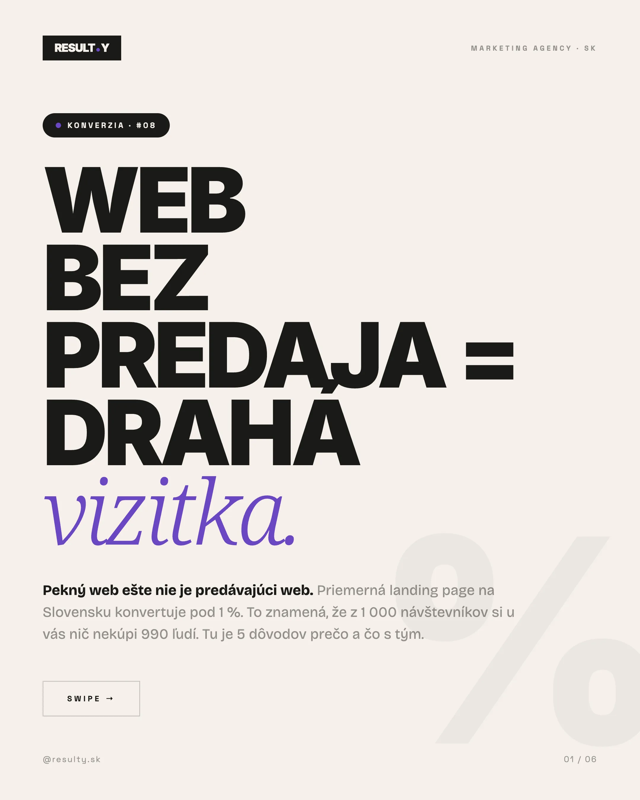 Landing page, ktorá konvertuje: web bez predaja je len drahá vizitka, infografika RESULTY