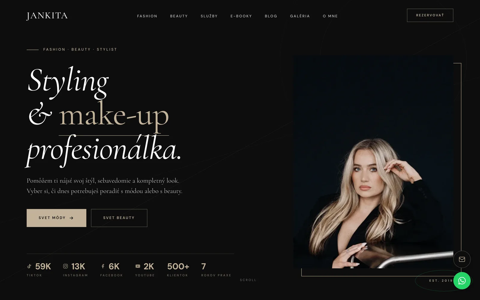 Úvodná obrazovka webu Jankita: čierne pozadie, serifový nadpis Styling a make-up profesionálka a portrét stylistky
