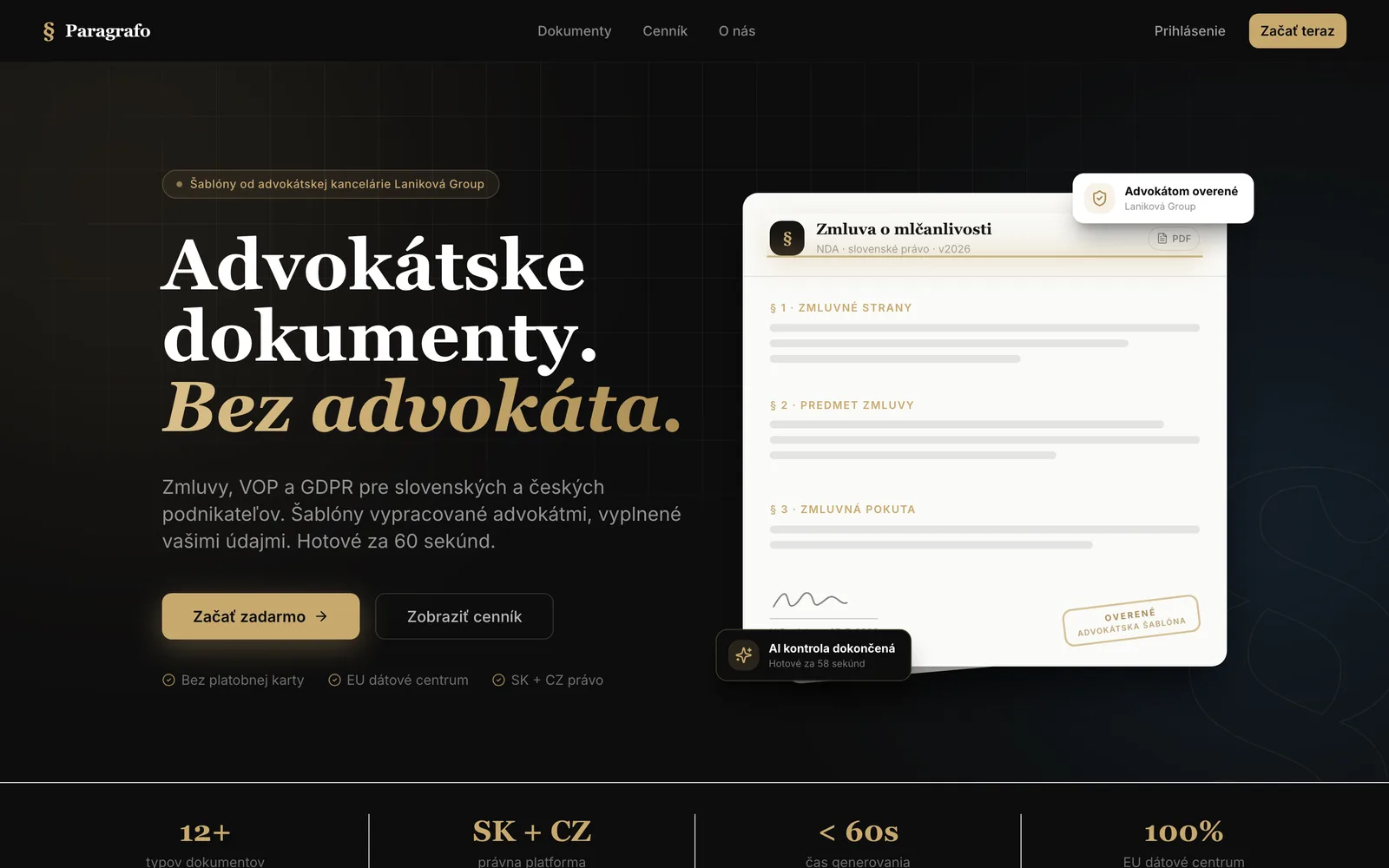Úvodná obrazovka aplikácie Paragrafo: tmavé pozadie, nadpis Advokátske dokumenty bez advokáta a náhľad zmluvy o mlčanlivosti
